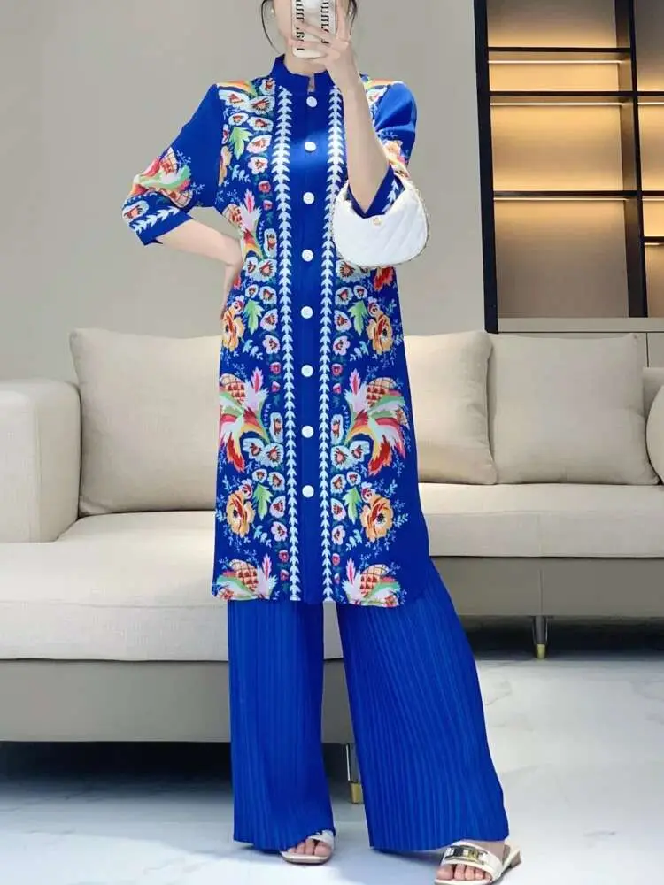 LANMREM High Quality Print Pleasted Two Pieces Set Men's Chinese Style Stand Collar Long Shirt And Straight Pants Sets 2DB2471