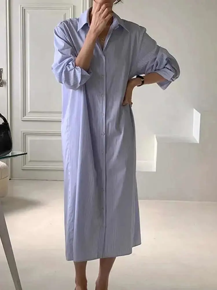 LANMREM Office Lady Striped 2 Pieces Set For Women Lapel Long Sleeves Single Breasted Dress + Apron 2025 New Fashion 2DC1389