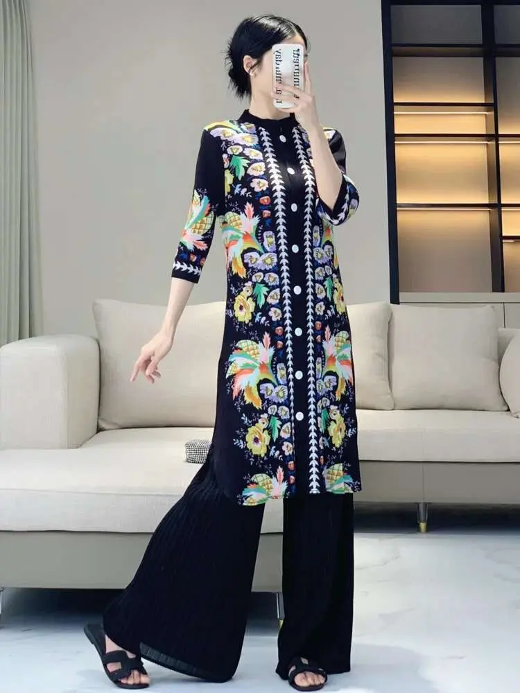 LANMREM High Quality Print Pleasted Two Pieces Set Men's Chinese Style Stand Collar Long Shirt And Straight Pants Sets 2DB2471