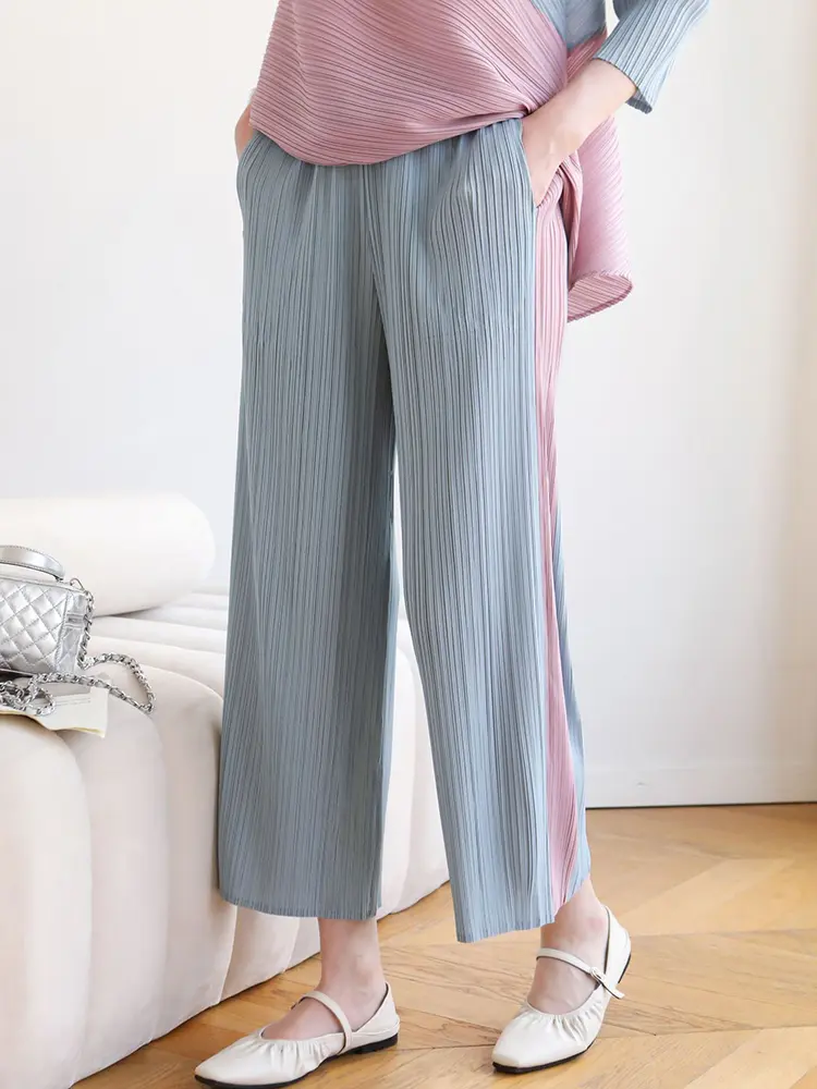 LANMREM Colorblock Spliced Pleasted Two Pieces Set For Women O-neck Irregular Tops And Elastic Waist Ankle-length Pants 2DB2946