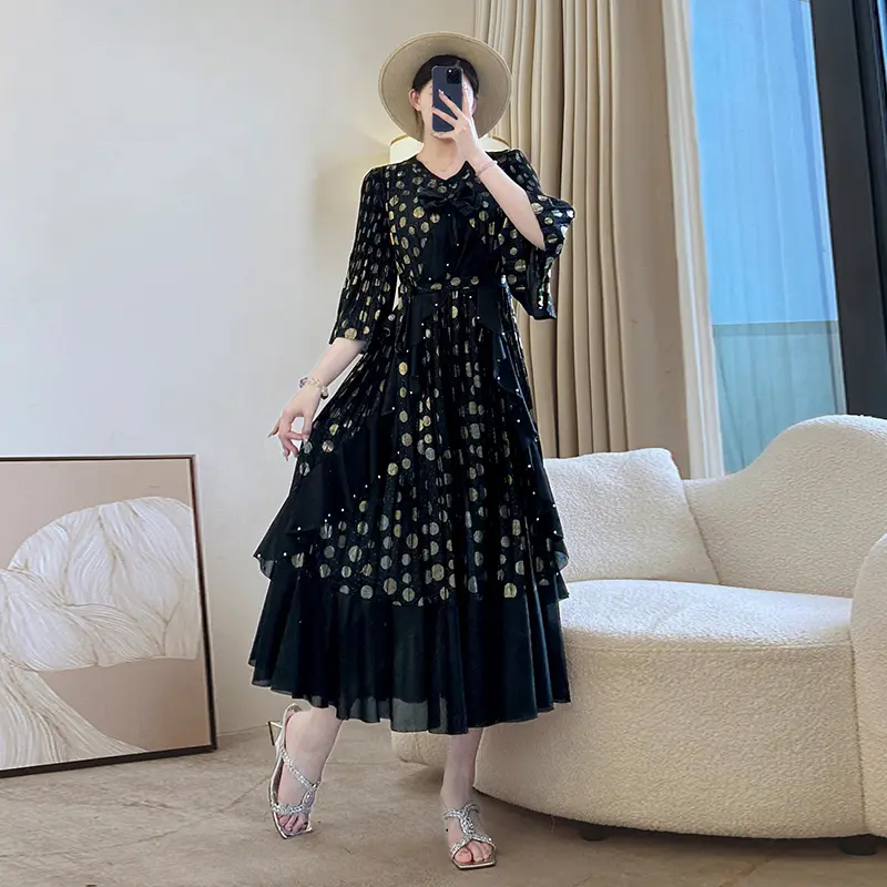 LANMREM Ruffles Patchwork Design Purple Women's Pleated Dress New Elegant Three Quarter Flare Sleeve Tie Waist Dresses 2DB3671