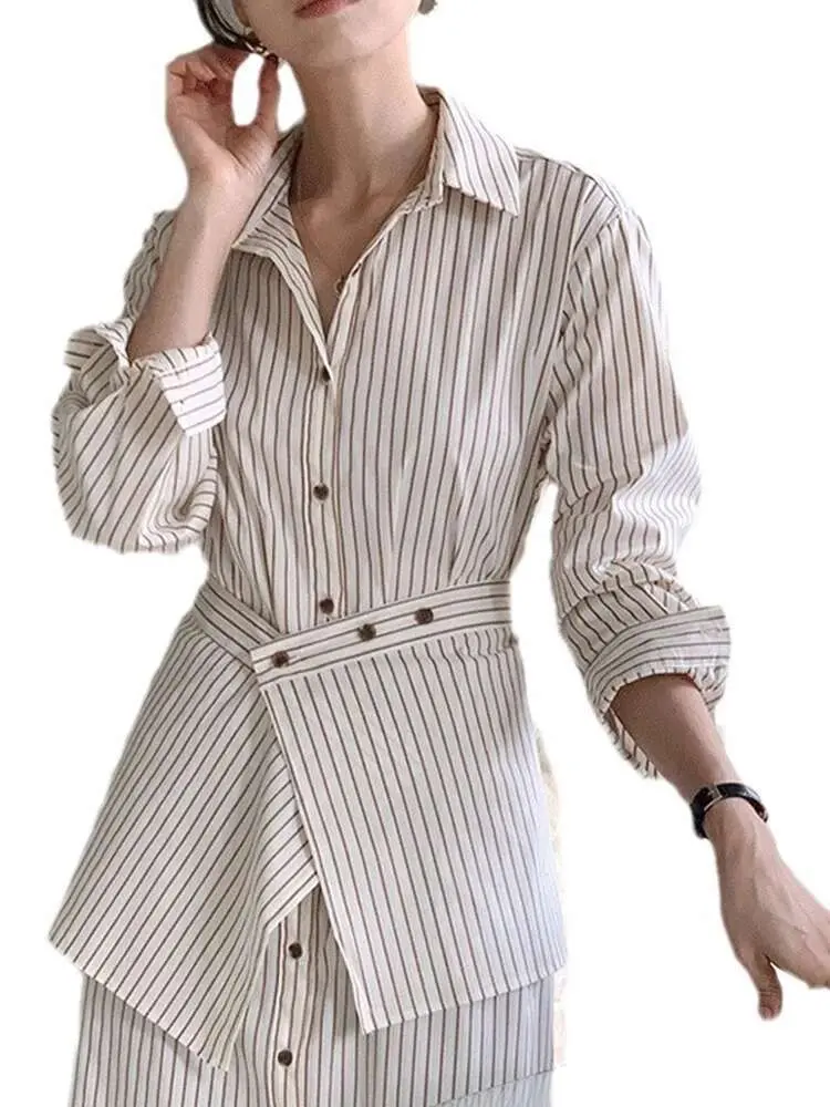 LANMREM Office Lady Striped 2 Pieces Set For Women Lapel Long Sleeves Single Breasted Dress + Apron 2025 New Fashion 2DC1389