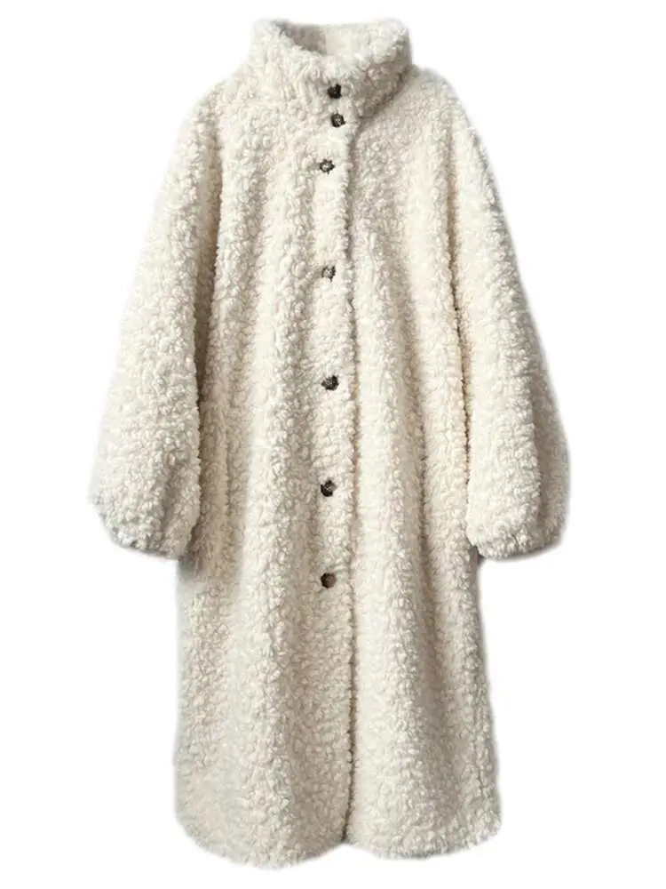 LANMREM Winter Lamb Fur Long Warm Coat For Women Stand Collar Solid Color Single Breasted Loose Fit Clothing 2025 New 2VV234