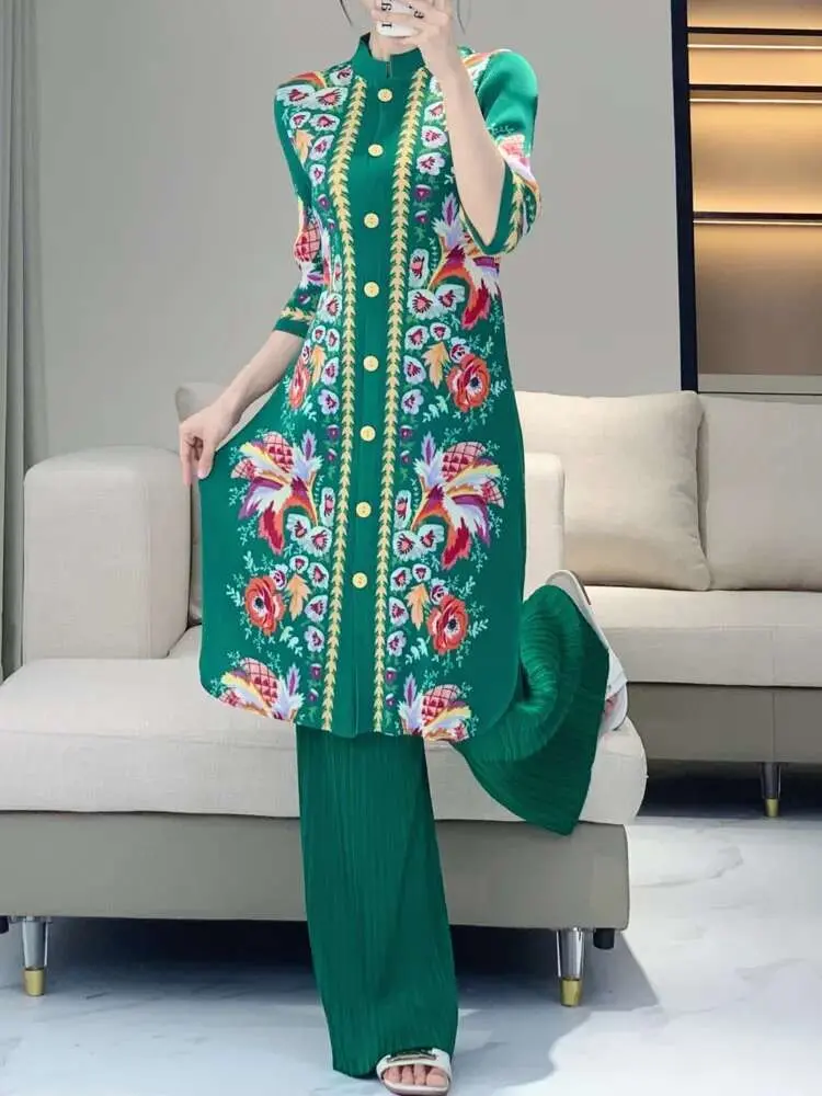 LANMREM High Quality Print Pleasted Two Pieces Set Men's Chinese Style Stand Collar Long Shirt And Straight Pants Sets 2DB2471