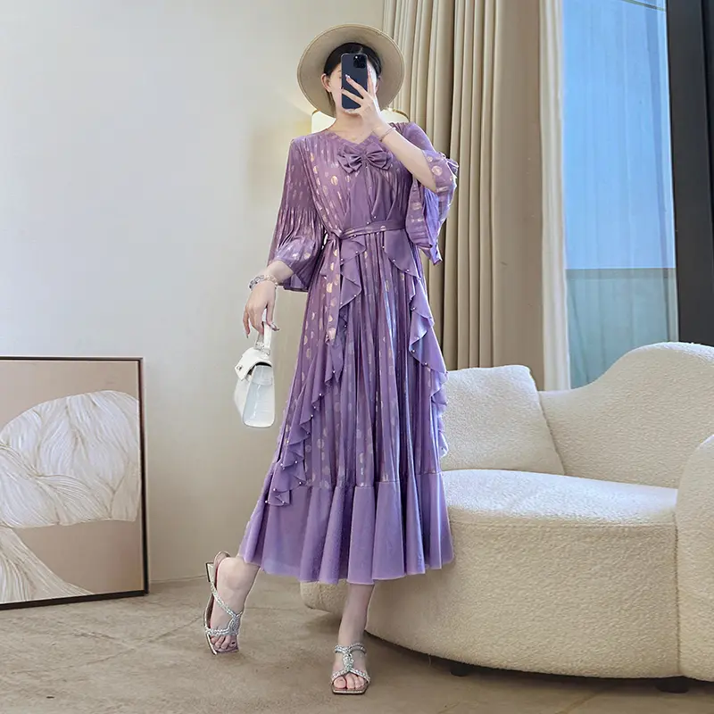 LANMREM Ruffles Patchwork Design Purple Women's Pleated Dress New Elegant Three Quarter Flare Sleeve Tie Waist Dresses 2DB3671