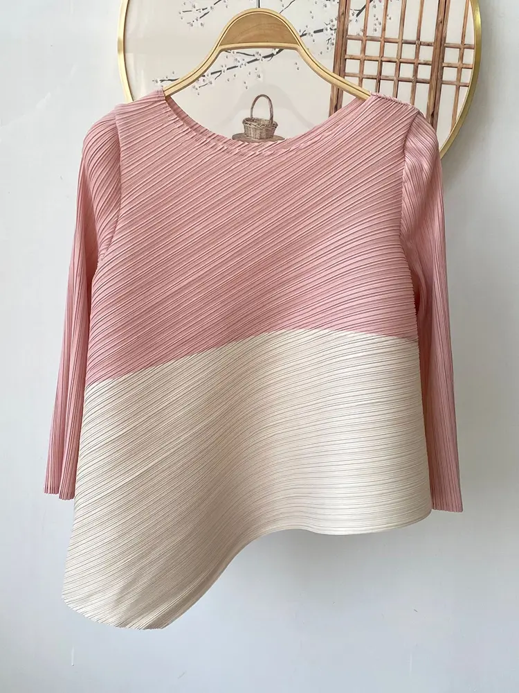 LANMREM Colorblock Spliced Pleasted Two Pieces Set For Women O-neck Irregular Tops And Elastic Waist Ankle-length Pants 2DB2946