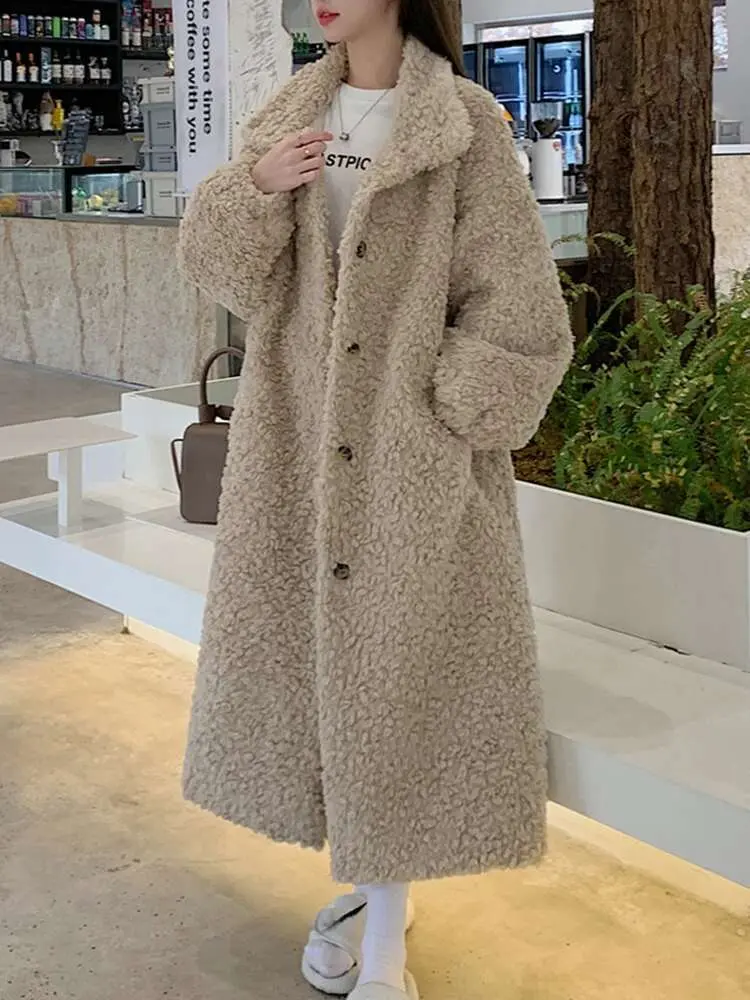 LANMREM Winter Lamb Fur Long Warm Coat For Women Stand Collar Solid Color Single Breasted Loose Fit Clothing 2025 New 2VV234