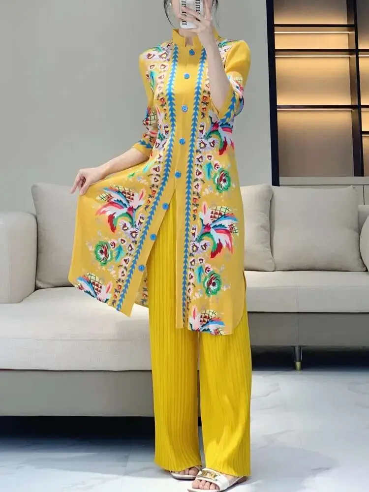 LANMREM High Quality Print Pleasted Two Pieces Set Men's Chinese Style Stand Collar Long Shirt And Straight Pants Sets 2DB2471