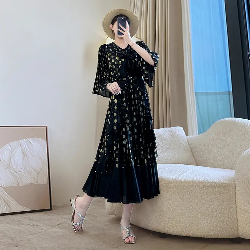 LANMREM Ruffles Patchwork Design Purple Women's Pleated Dress New Elegant Three Quarter Flare Sleeve Tie Waist Dresses 2DB3671