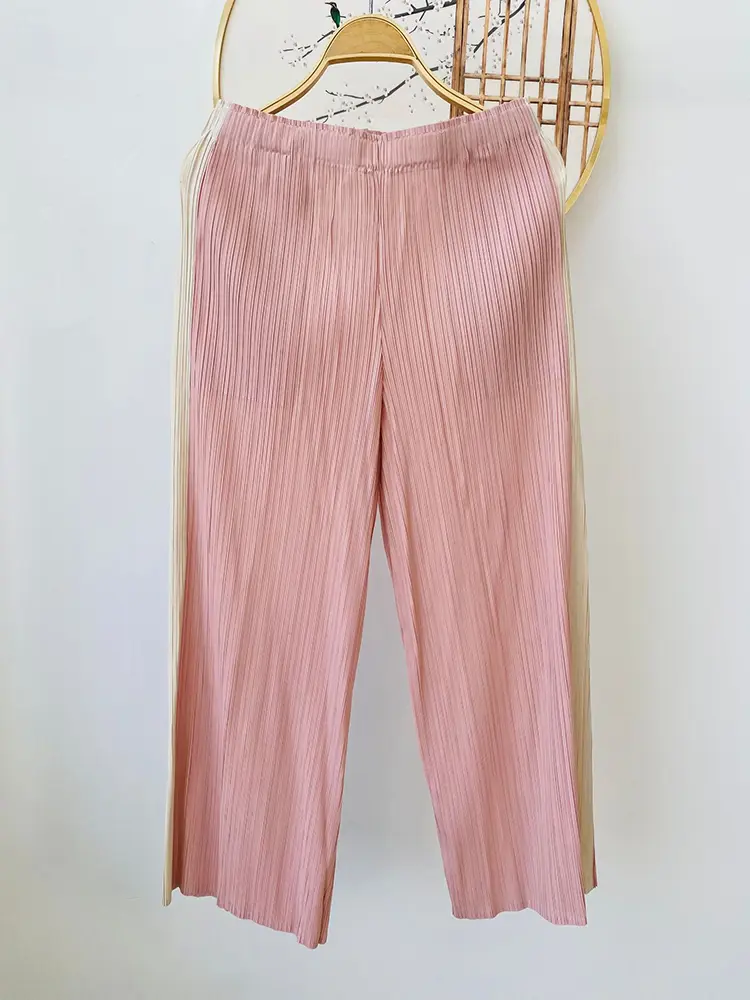 LANMREM Colorblock Spliced Pleasted Two Pieces Set For Women O-neck Irregular Tops And Elastic Waist Ankle-length Pants 2DB2946