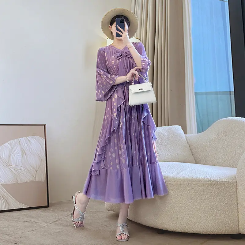 LANMREM Ruffles Patchwork Design Purple Women's Pleated Dress New Elegant Three Quarter Flare Sleeve Tie Waist Dresses 2DB3671