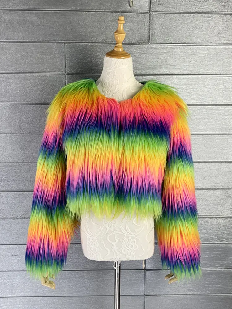 LANMREM Rainbow Colored Long Luxury Fur Coat For Women O-neck Long Sleeves Personalized Coats 2025 Spring Winter New 2Z2560