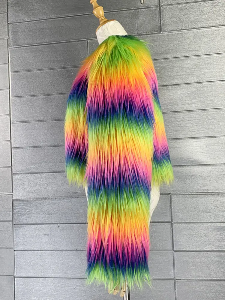 LANMREM Rainbow Colored Long Luxury Fur Coat For Women O-neck Long Sleeves Personalized Coats 2025 Spring Winter New 2Z2560