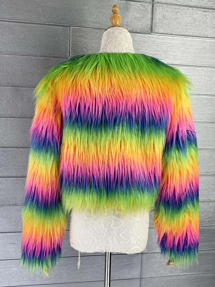 LANMREM Rainbow Colored Long Luxury Fur Coat For Women O-neck Long Sleeves Personalized Coats 2025 Spring Winter New 2Z2560