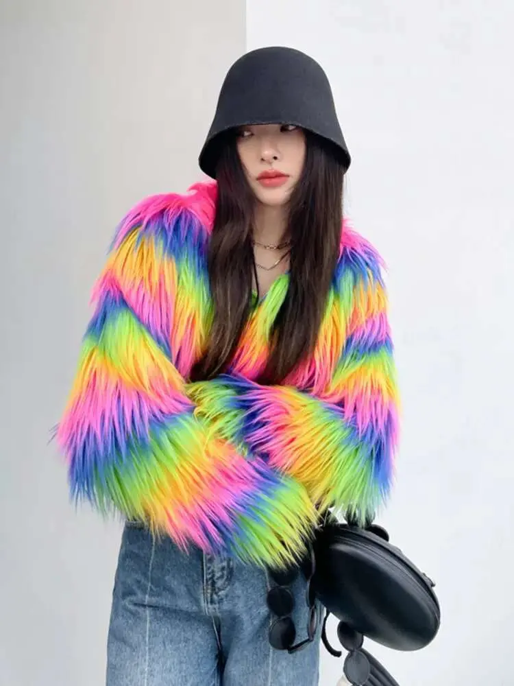 LANMREM Rainbow Colored Long Luxury Fur Coat For Women O-neck Long Sleeves Personalized Coats 2025 Spring Winter New 2Z2560
