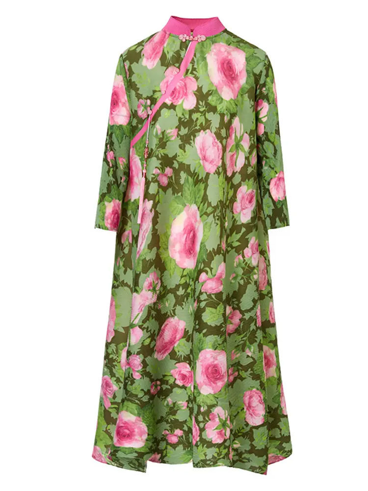 LANMREM Chinese Knot Button Design Printting Pleated Dress For Women 2025 New Loose Casual Cheongsam Style Green Dresses 2DB3122