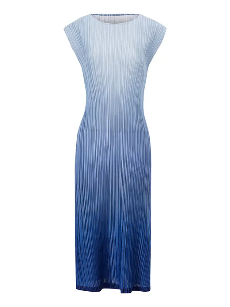 LANMREM niche chic Gradient color pleated dress women's 2025 new loose casual straight o-neck sleeveless summer dresses