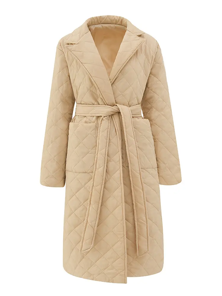 LANMREM Winter Warm Solid Color Long Cotton Coat For Women Lapel Belt Gathered Waist Office Lady Clothing Versatile New 2VV244