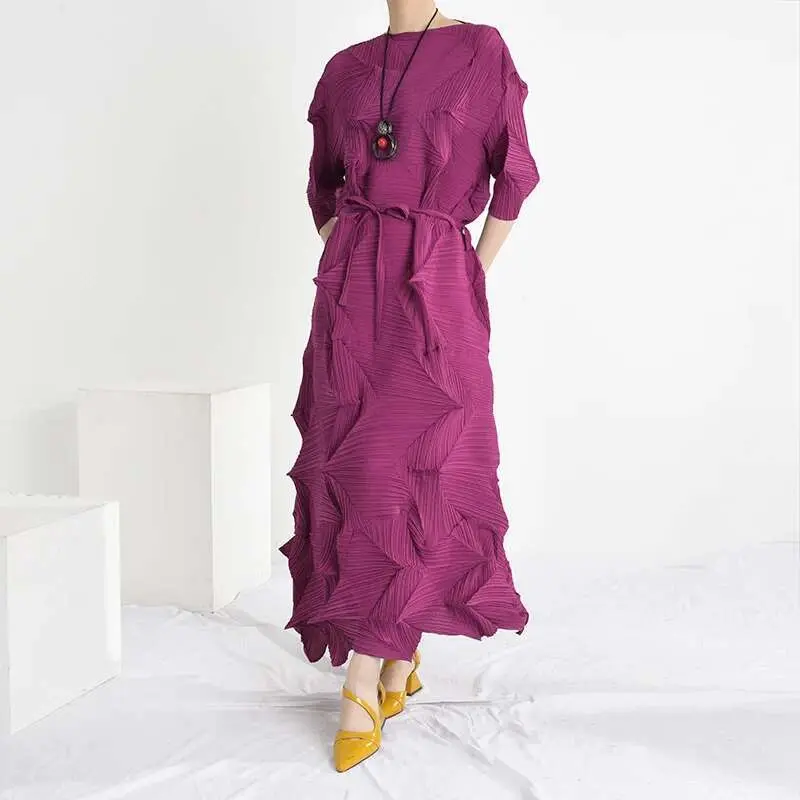 LANMREM women high quality pleated dress 2025 Spring new loose all-match bandage dress with belt  128CM length WN152
