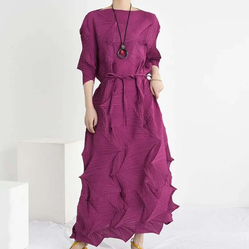 LANMREM women high quality pleated dress 2025 Spring new loose all-match bandage dress with belt  128CM length WN152