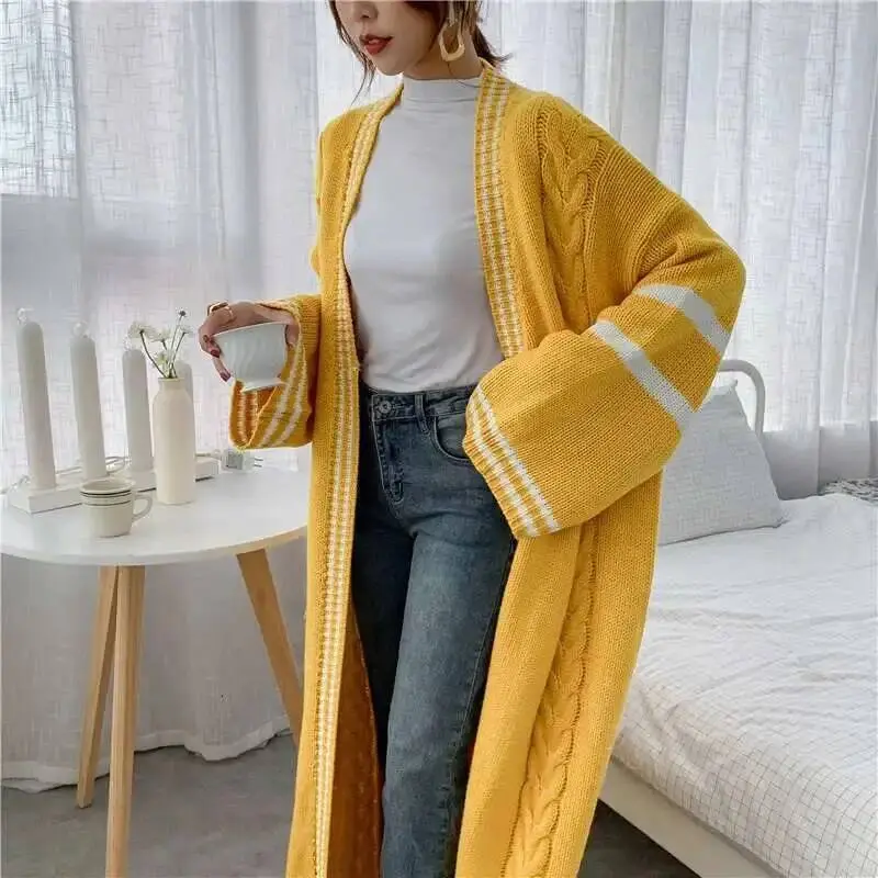 LANMREM 2025 Spring New Long Style Cardigan For Women Loose Striped Patchwork Casual Knitted Sweater Popular Coat PC425