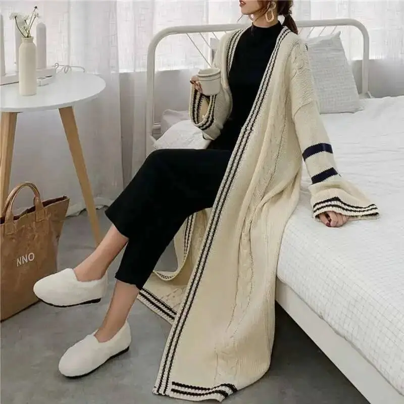 LANMREM 2025 Spring New Long Style Cardigan For Women Loose Striped Patchwork Casual Knitted Sweater Popular Coat PC425