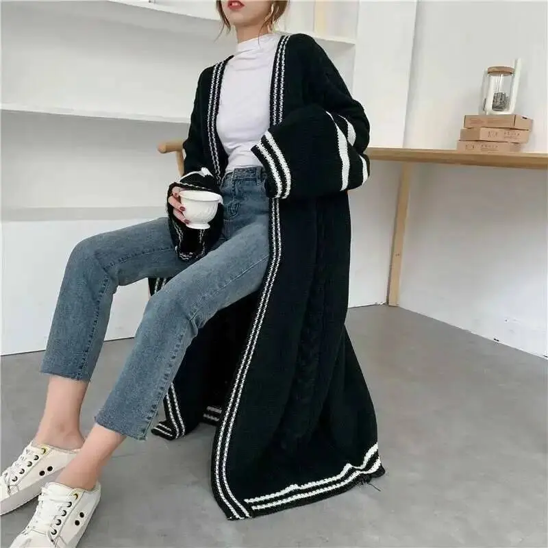 LANMREM 2025 Spring New Long Style Cardigan For Women Loose Striped Patchwork Casual Knitted Sweater Popular Coat PC425