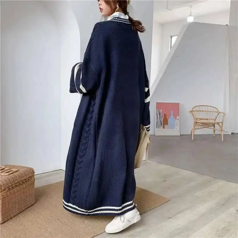 LANMREM 2025 Spring New Long Style Cardigan For Women Loose Striped Patchwork Casual Knitted Sweater Popular Coat PC425