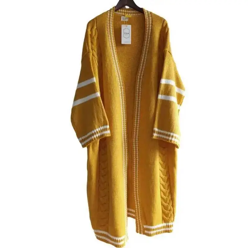LANMREM 2025 Spring New Long Style Cardigan For Women Loose Striped Patchwork Casual Knitted Sweater Popular Coat PC425