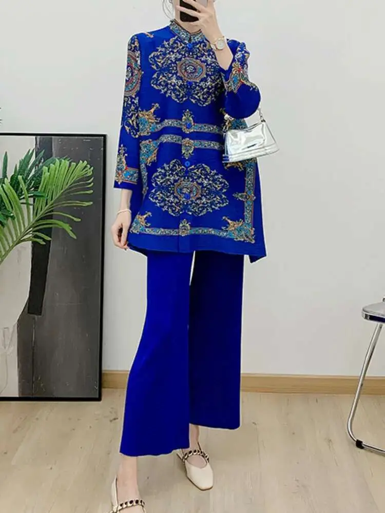 LANMREM Printing Pleated 2 Piece Set Women Vintage O-neck Single Breasted Long Sleeves Tops Trousers Fashion 2024 Sets 2AA5323
