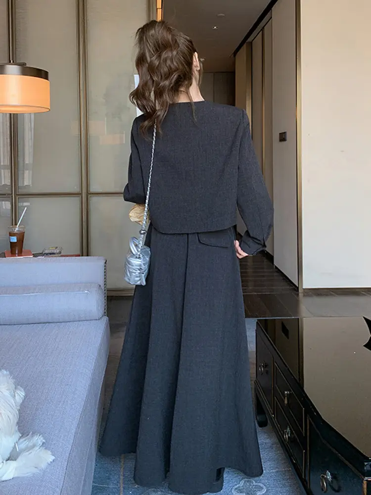 LANMREM French Midi Skirt Sets Women 2025 New Temperament V Coolar Single Brasted Coat And A-line Skirts Two Pieces Set 2DB2797