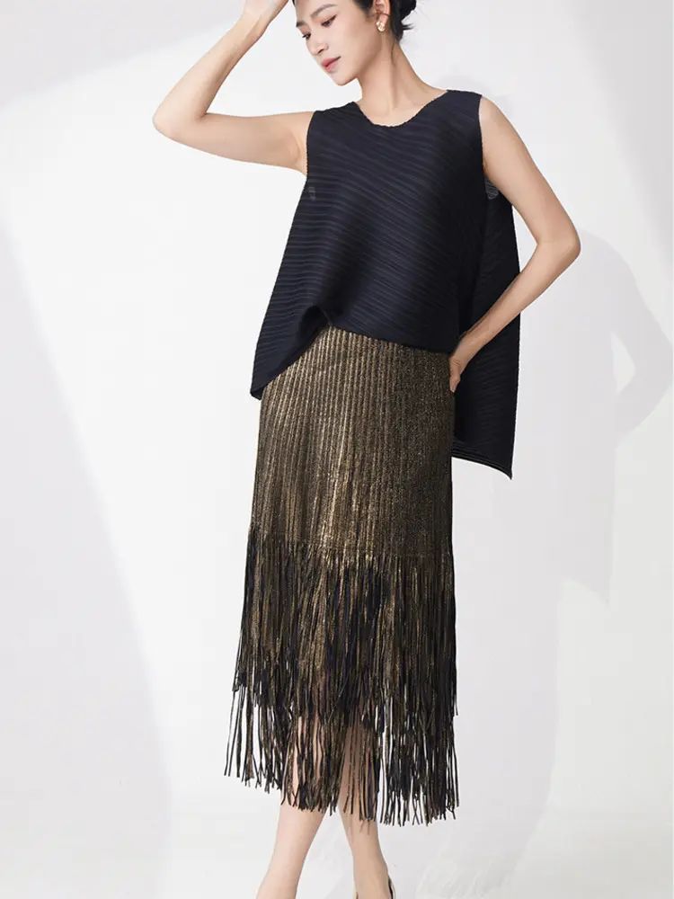 LANMREM Summer Women's Two Pieces Set Black Loose Irregular Pullover Top And Tassel Hem Straight Skirts Casual Sets 2DB2906