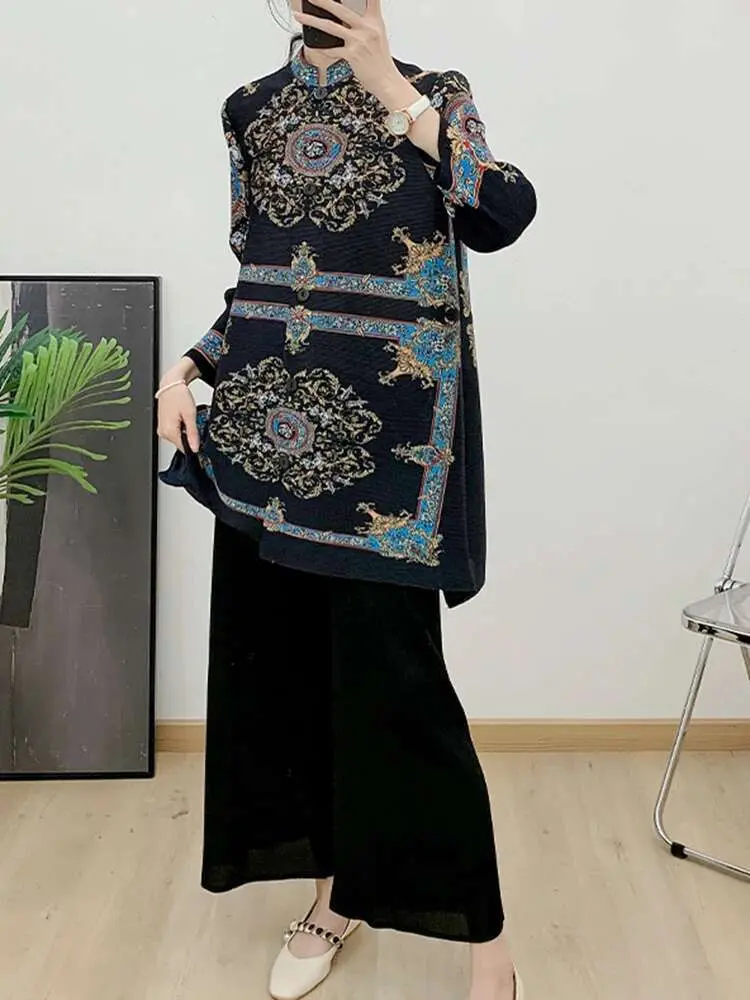 LANMREM Printing Pleated 2 Piece Set Women Vintage O-neck Single Breasted Long Sleeves Tops Trousers Fashion 2024 Sets 2AA5323