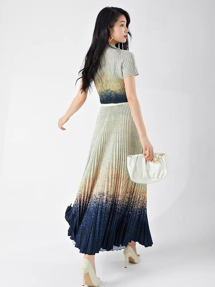 LANMREM High Quality Colorblock Gradient Print Pleated Women's Two Pieces Set Short Sleeve Top And A-line Skirts Chic 2DB3315