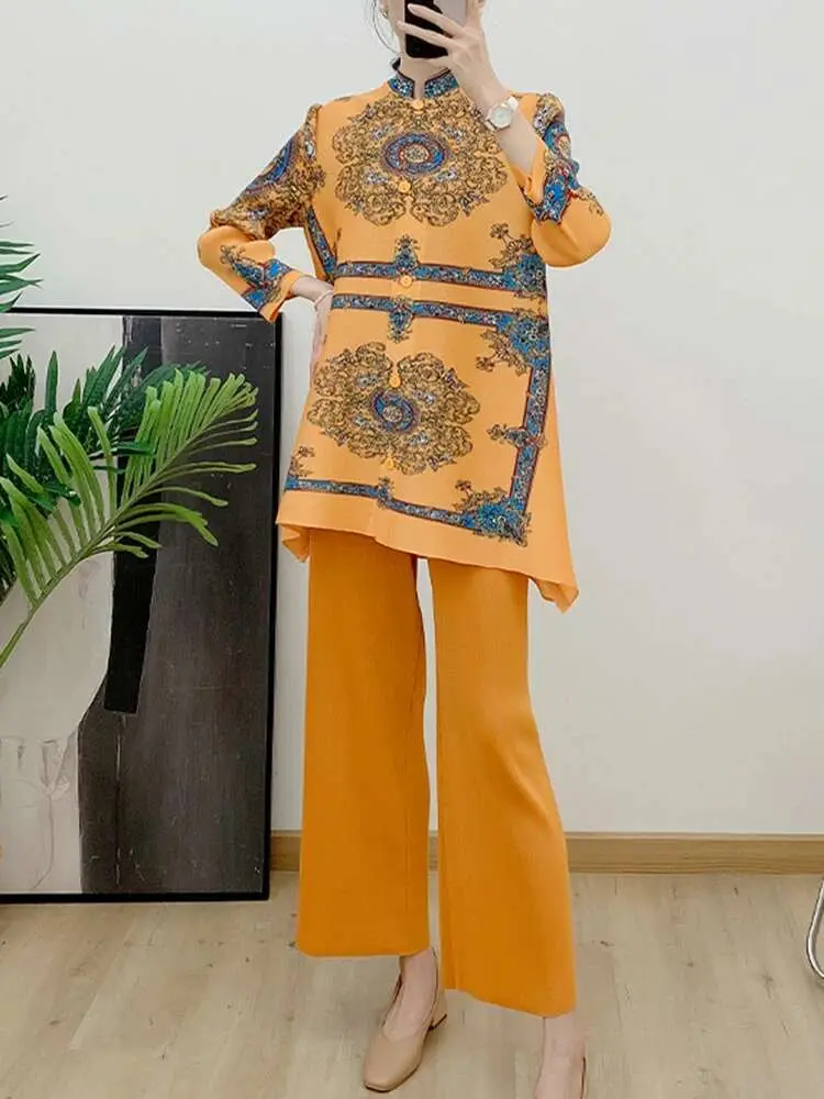 LANMREM Printing Pleated 2 Piece Set Women Vintage O-neck Single Breasted Long Sleeves Tops Trousers Fashion 2024 Sets 2AA5323