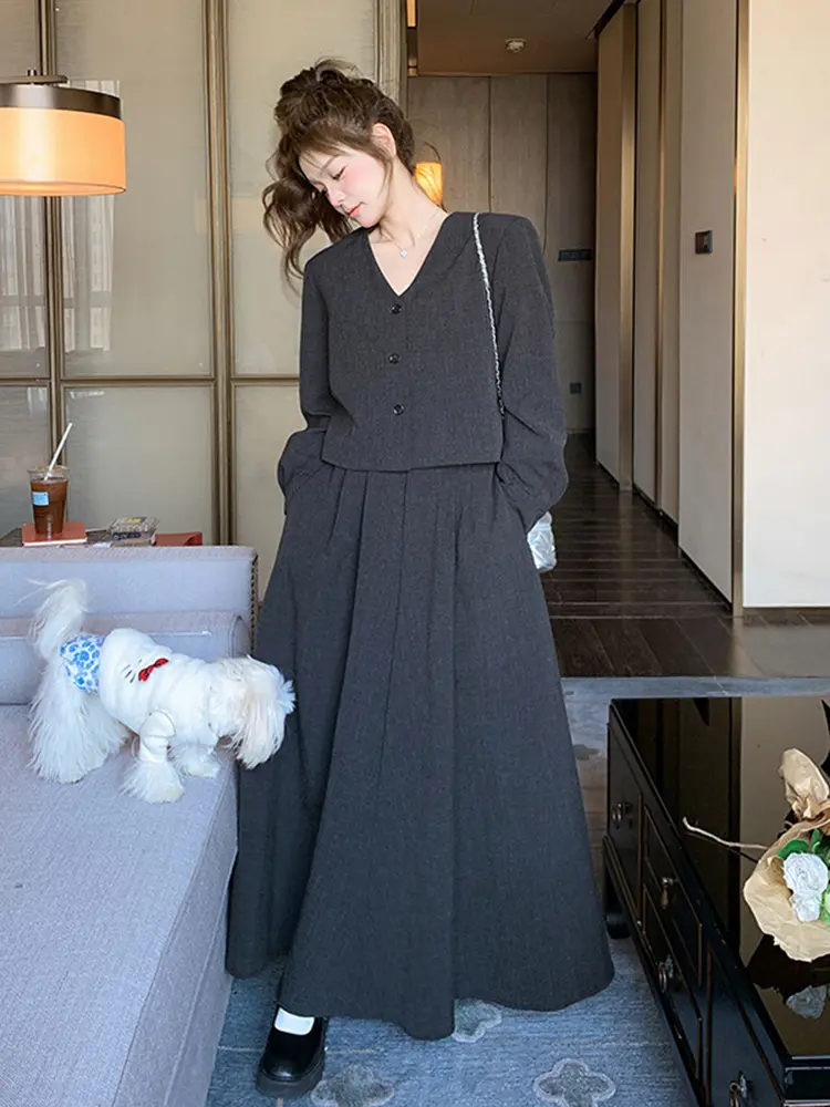 LANMREM French Midi Skirt Sets Women 2025 New Temperament V Coolar Single Brasted Coat And A-line Skirts Two Pieces Set 2DB2797