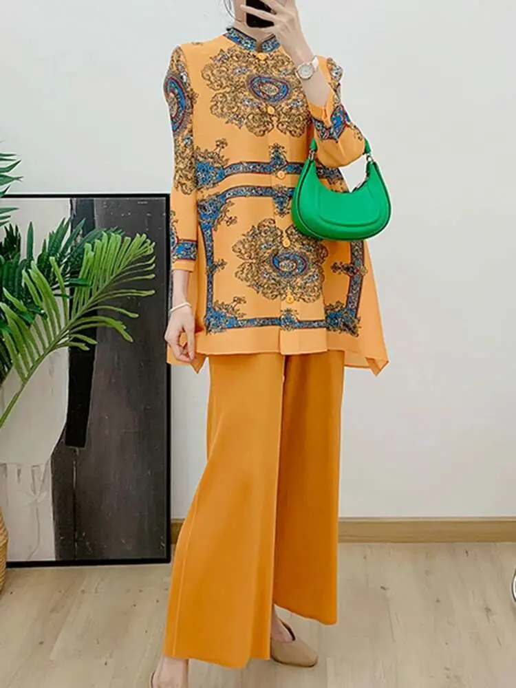 LANMREM Printing Pleated 2 Piece Set Women Vintage O-neck Single Breasted Long Sleeves Tops Trousers Fashion 2024 Sets 2AA5323
