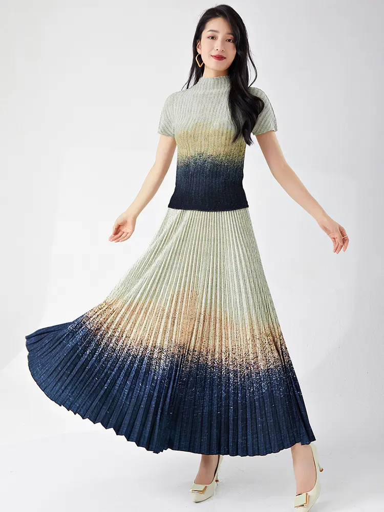 LANMREM High Quality Colorblock Gradient Print Pleated Women's Two Pieces Set Short Sleeve Top And A-line Skirts Chic 2DB3315