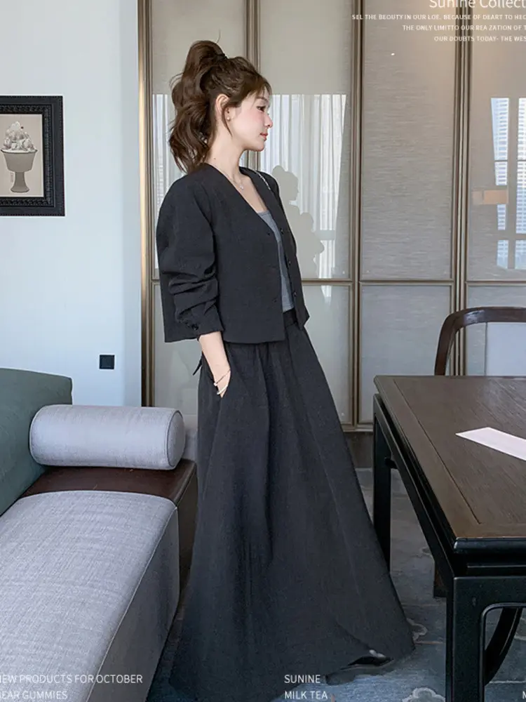 LANMREM French Midi Skirt Sets Women 2025 New Temperament V Coolar Single Brasted Coat And A-line Skirts Two Pieces Set 2DB2797