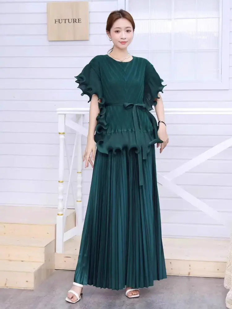 LANMREM Ruffled Panelling‌ Design Pleated Women's Two Pieces Set Round Collar Short Sleeve Tie Top + Elasitc Waist Skirt 2DB3311