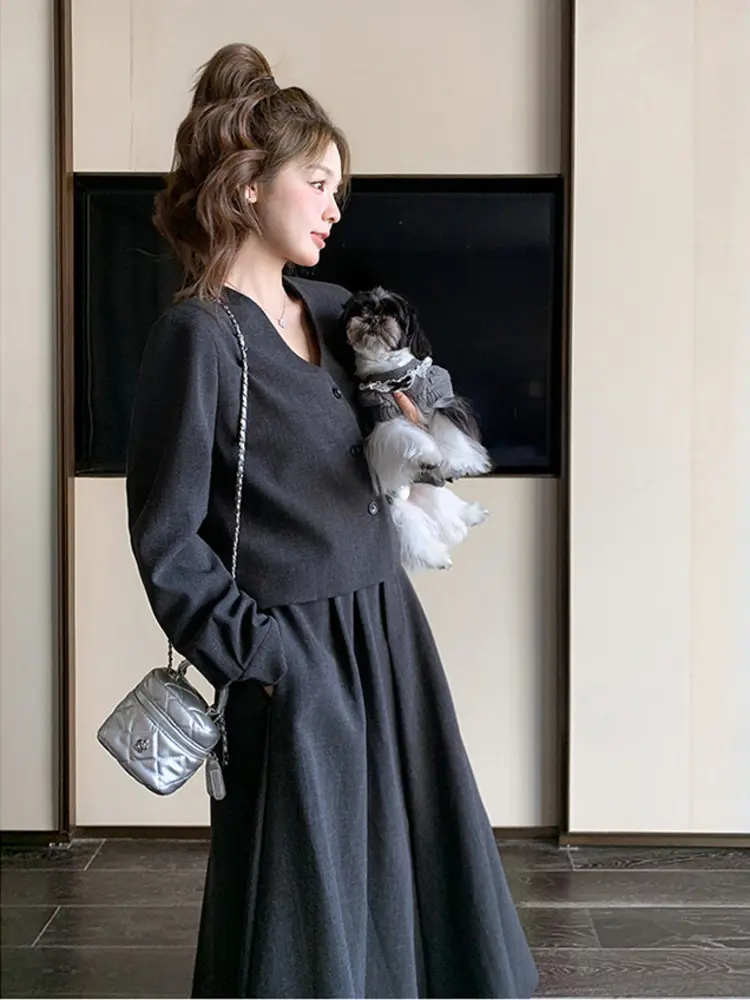 LANMREM French Midi Skirt Sets Women 2025 New Temperament V Coolar Single Brasted Coat And A-line Skirts Two Pieces Set 2DB2797