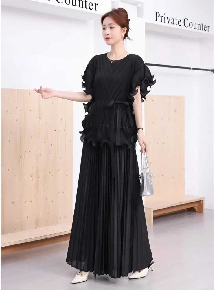 LANMREM Ruffled Panelling‌ Design Pleated Women's Two Pieces Set Round Collar Short Sleeve Tie Top + Elasitc Waist Skirt 2DB3311