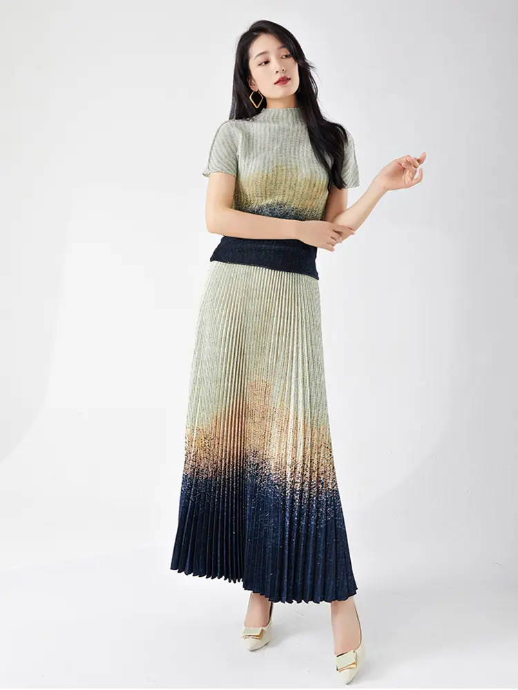 LANMREM High Quality Colorblock Gradient Print Pleated Women's Two Pieces Set Short Sleeve Top And A-line Skirts Chic 2DB3315
