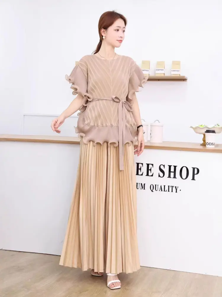LANMREM Ruffled Panelling‌ Design Pleated Women's Two Pieces Set Round Collar Short Sleeve Tie Top + Elasitc Waist Skirt 2DB3311