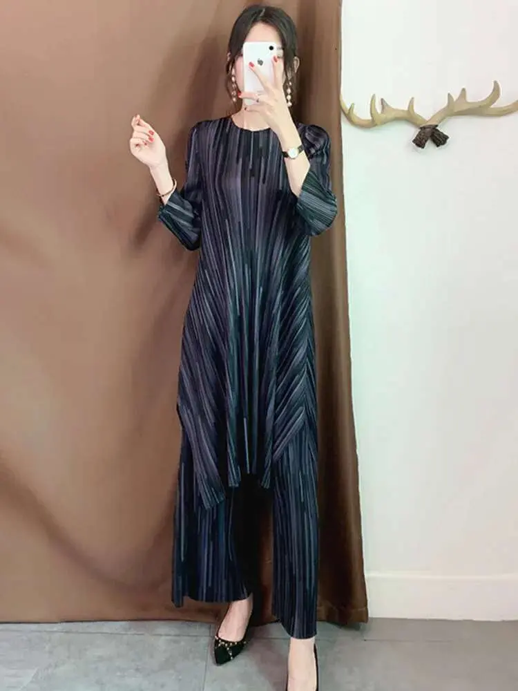 LANMREM Two Pieces Set 2024 Summer New Pleated Long Sleeve Shirt With Wide Legs Pants For Women Elegant Fold Clothing WJ263