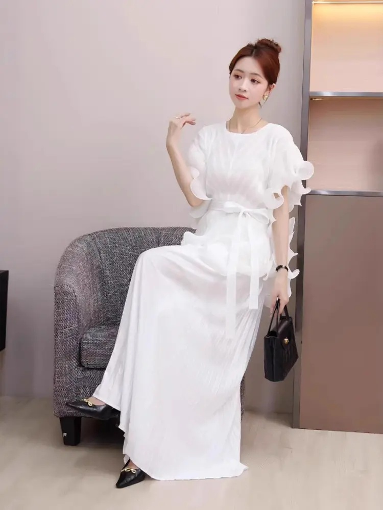 LANMREM Ruffled Panelling‌ Design Pleated Women's Two Pieces Set Round Collar Short Sleeve Tie Top + Elasitc Waist Skirt 2DB3311