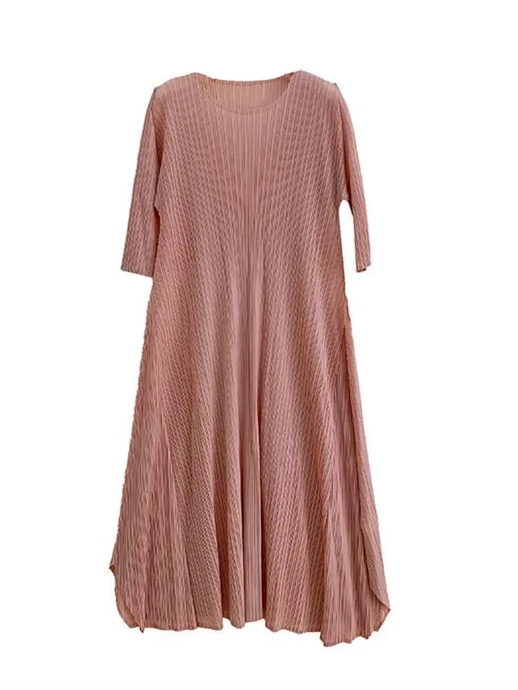 LANMREM Solid Color Women's Pleated Dress Round Neck Short Sleeved Casual Temperament Long Dresses Fashion 2025 Summer 2DE581