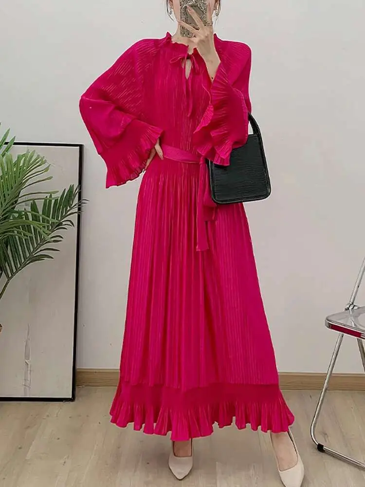 LANMREM Ruffle Edge Dress Women Long Sleeves Solid Color Pleated Maxi Dresses Female Festival Clothing 2025 Spring New 2DB1617