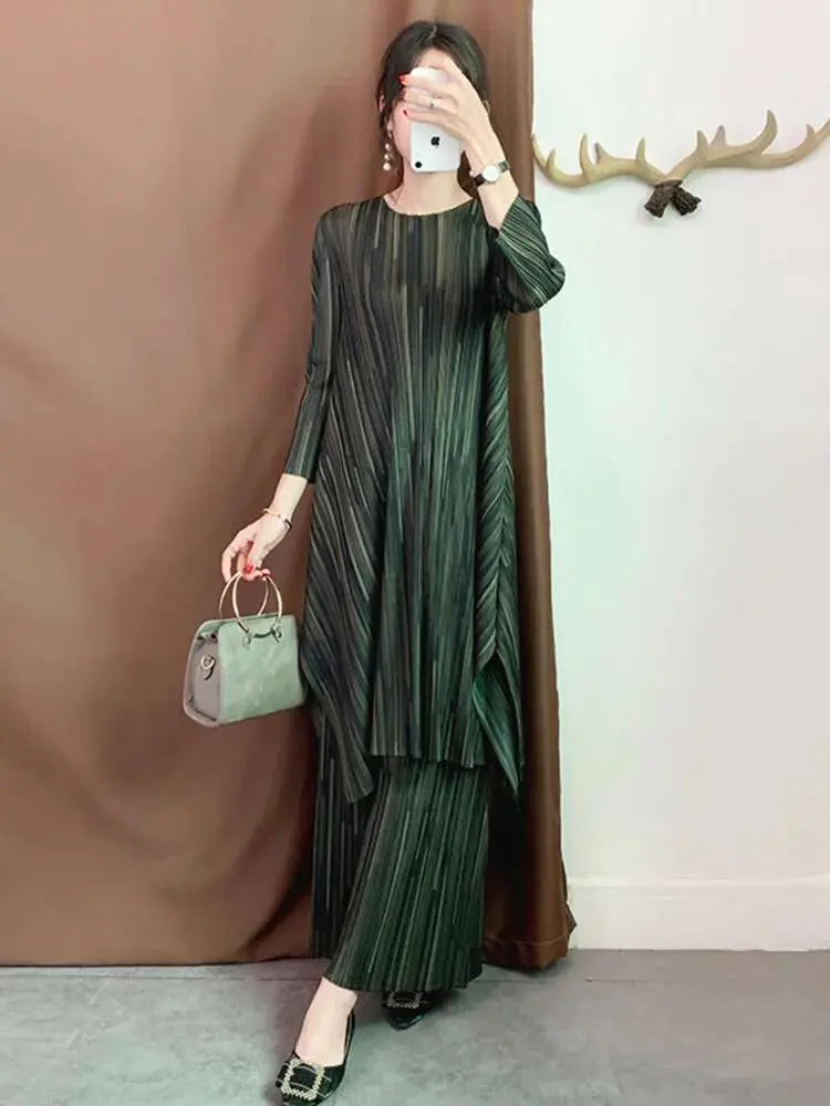 LANMREM Two Pieces Set 2024 Summer New Pleated Long Sleeve Shirt With Wide Legs Pants For Women Elegant Fold Clothing WJ263