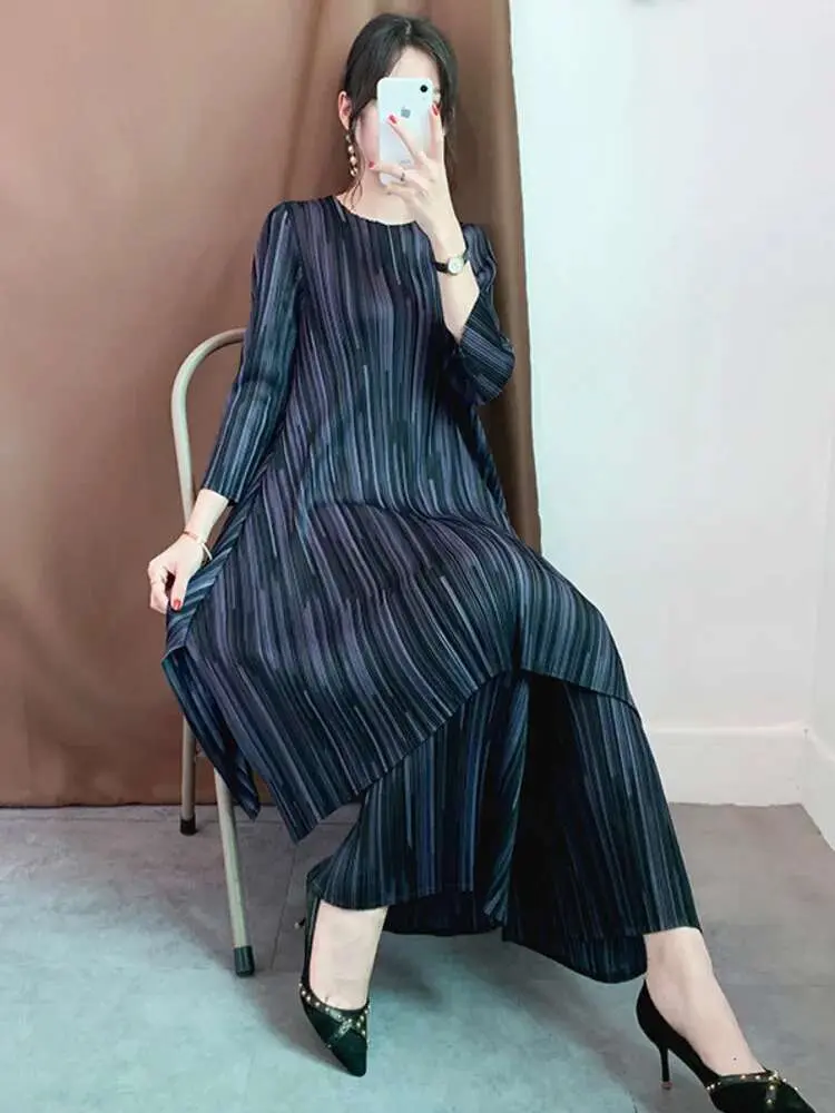LANMREM Two Pieces Set 2024 Summer New Pleated Long Sleeve Shirt With Wide Legs Pants For Women Elegant Fold Clothing WJ263